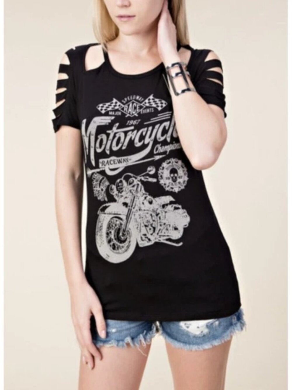 Vocal Motorcycle Black Studded Tee T-Shirt Short Sleeve Women's Western Biker